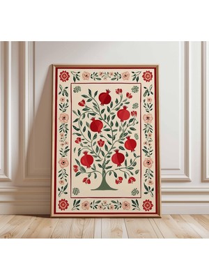 Ninastore Nar Ağacı Duvar Sanatı Posteri Botanik Meyve Baskısı Halk Sanatı Illüstrasyonu Rustik Mutfak Dekoras