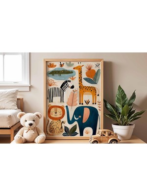 Ninastore Safari Temalı Çocuk Odası Posteri, Orman Hayvanları Duvar Sanatı, Çocuk Odası Için Fil, Zürafa, Asla