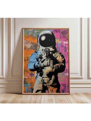 Ninastore Astronot Kedi Posteri Grafiti Sokak Sanatı Duvar Baskısı Uzay Keşfi Pop Art Renkli Kozmik Kedi Duvar