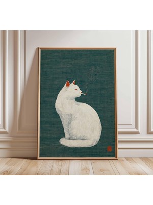 Ninastore Beyaz Kedi Posteri Japon Minimalist Duvar Sanatı Baskısı Modern Zen Hayvan Sanatı Havalı Kedi Illüst