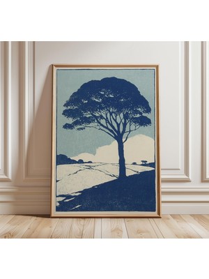 Ninastore Mavi Ağaç Manzarası Posteri Minimalist Doğa Duvar Sanatı Japon Ahşap Baskı Tarzı Vintage Orman Sanat