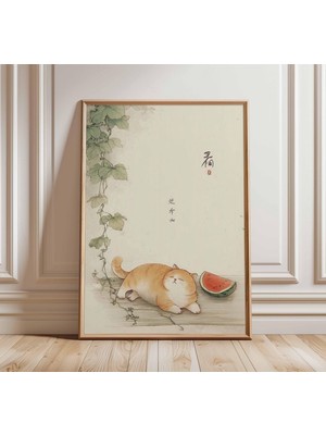 Ninastore Sevimli Kedi Karpuz Duvar Sanatı Japon Tarzı Poster Neşeli Evcil Hayvan Baskısı Minimalist Hayvan Sa