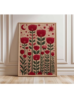 Ninastore Kırmızı Çiçekli Duvar Sanatı Baskısı Ay ve Güneş Botanik Poster Göksel Doğa Sanat Eseri Modern Halk