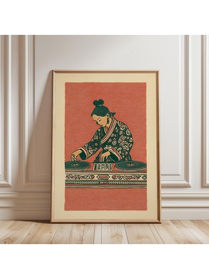 Ninastore Dj Baskı, Japon Ahşap Baskı Linolyum Tarzı Kırmızı Yeşil Illüstrasyon