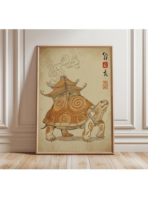 Ninastore Japon Kaplumbağa Tapınağı Baskısı Mitolojik Yokai Duvar Sanatı Sürreal Asya Posteri Ruhani Fantastik