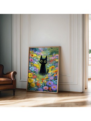 Ninastore Çiçekler Arasında Siyah Kedi Posteri, Sevimli Kedi Resmi, Çiçekli Hayvan Kawaii Kedi Dopamin Dekoras