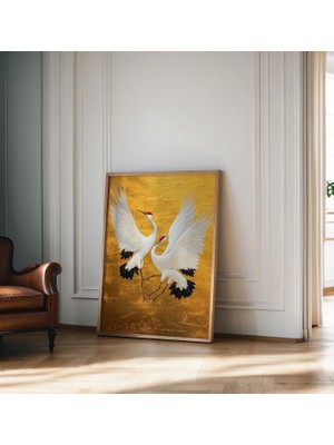 Ninastore Uçan Turnalar Japandi Tarzı Baskı Altın Beyaz Kuş Posteri Zarif Galeri Duvar Sanatı Vintage Japon Ta