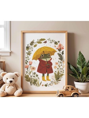 Ninastore Kurbağa Temalı Çocuk Odası Posteri | Sarı Şemsiyeli Sevimli Hayvan Duvar Sanatı | Çocuk Odası, Bebek