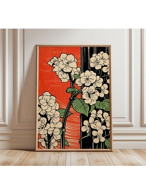 Ninastore Japon Lotus Posteri Kırmızı ve Beyaz Çiçekli Duvar Sanatı Modern Botanik Baskı Minimalist Asya Dekor