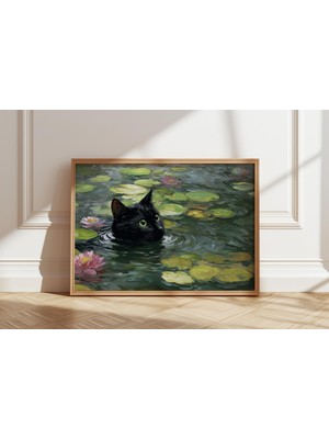 Ninastore Monet Nilüfer Kedi Baskısı Claude Monet Kedi Posteri Siyah Kedi Sanatı Çiçek Baskısı Komik Kedi Bask