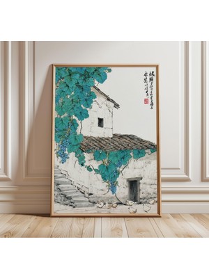 Ninastore Japon Kırsalı Duvar Sanatı Geleneksel Ev Illüstrasyonu Rustik Köy Baskısı Mavi Asma Sanatı Sakin Asy