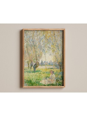Ninastore Söğütlerin Altında Oturan Kadın Baskısı, Claude Monet'nin Empresyonist Tablosu, Yumuşak Pastel Manza