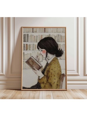 Ninastore Rahatlatıcı Okuma Duvar Sanatı | Kitap Sever Posteri | Suluboya Kız Kitap Okuyor Baskısı | Kütüphane