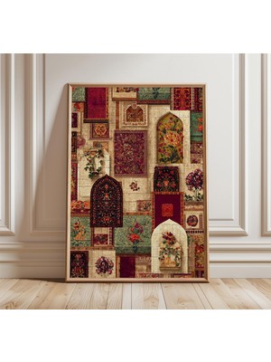 Ninastore Mughal Kemer Kolaj Posteri, Fars Esintili Duvar Sanatı, Süslü Dokular ve Mücevher Tonları, Kültürel