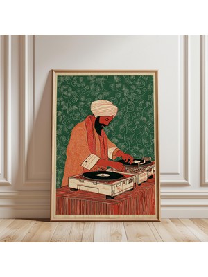 Ninastore Sikh Dj Ahşap Baskı Tarzı Poster Ahşap Baskı Tarzı Kırmızı Yeşil Illüstrasyon