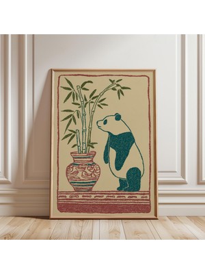 Ninastore Ayakta Duran Panda ve Bambu Vazo Posteri, Turkuaz ve Kırmızı Renklerde Halk Ahşap Baskı Tarzı.