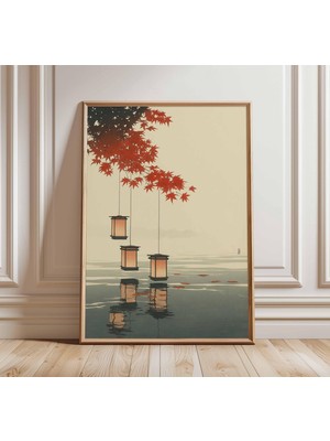 Ninastore Japon Feneri Posteri, Ahşap Baskı Tarzı Duvar Sanatı, Kırmızı Akçaağaç Yaprakları, Göl Baskısı, Vint