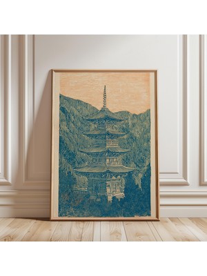 Ninastore Japon Pagoda Posteri Mavi Ahşap Baskı Tapınak Dağ Manzarası Sanatı