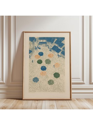 Ninastore Kaldırım Taşlı Şehir Posteri, Japon Ahşap Baskı Tarzı Şemsiyeler, Mavi Bej Tonları