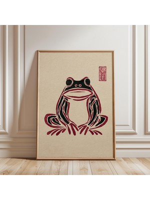 Ninastore Japon Kurbağası Mürekkep Baskı Koyu Macenta Ahşap Baskı Tarzı Illüstrasyon