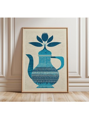 Ninastore Çaydanlık Duvar Sanatı Baskısı Modern Vintage Mutfak Posteri Mavi Risograf Tasarım Minimalist Fas Es