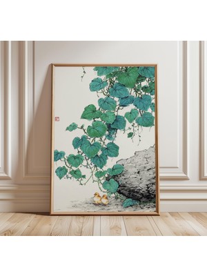 Ninastore Asya Botanik Sanatı Ördek Yavruları ve Yeşil Sarmaşıklar Baskısı Japon Doğa Resmi Sakin Duvar Sanatı