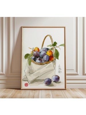 Ninastore Japon Meyve Sanatı Baskısı Suluboya Natürmort Poster Erik ve Kayısı Tablosu Minimalist Asya Tarzı Mu