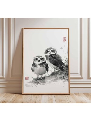 Ninastore Japon Mürekkep Baykuş Sanatı Baskısı Sumi-E Tablo Minimalist Hayvan Posteri Siyah Beyaz Kuş Duvar Sa