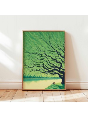 Ninastore Dev Yeşil Ağaç Posteri, Huzurlu Doğa Duvar Sanatı Baskısı, Sakin Manzara Illüstrasyonu, Yatak Odası