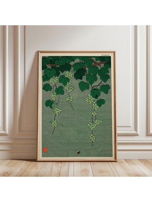 Ninastore Üzüm Asması Posteri, Yeşil ve Krem Tonlarında Japon Botanik Baskısı