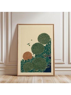 Ninastore Yeşil, Turkuaz ve Toprak Tonlarında Japon Çizgi Sanatıyla Yapılmış Botanik Poster.