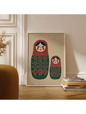 Ninastore Matruşka Sanat Baskısı Halk Bebeği Illüstrasyonu Iskandinav Tarzı Duvar Dekoru Çiçekli Linol Baskı P