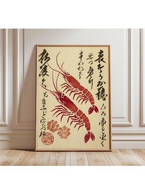 Ninastore Japon Karides Baskılı Retro Mutfak Duvar Sanatı Vintage Asya Posteri Orta Çağ Deniz Ürünleri Dekoras