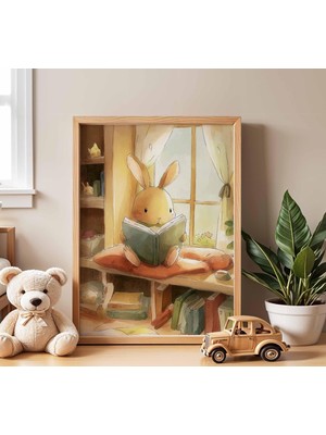 Ninastore Okuma Tavşanı Temalı Çocuk Odası Posteri, Çocuk Odası Duvar Sanatı, Bebek Odası Baskısı, Sevimli Hay