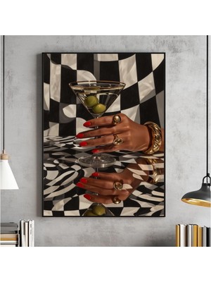 Ninastore Retro Martini Duvar Sanatı Siyah Kız Bar Arabası Tablosu Siyah Moda Posteri Siyah Kadın Dijital Hava