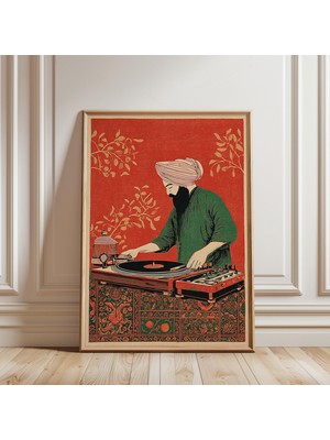 Ninastore Sikh Dj Ahşap Baskı Tarzı Poster Ahşap Baskı Tarzı Kırmızı Yeşil Illüstrasyon