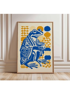 Ninastore Kurbağa Çay Seremonisi Posteri Japon Sanat Baskısı Mavi ve Sarı Duvar Sanatı Neşeli Hayvan Illüstras