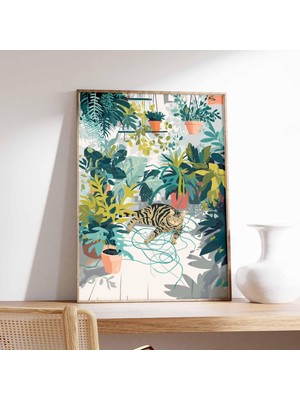 Ninastore Kedi Ormanı Duvar Sanatı Baskısı Botanik Bitki Posteri Tropikal Kedi Illüstrasyonu Modern Orman Deko