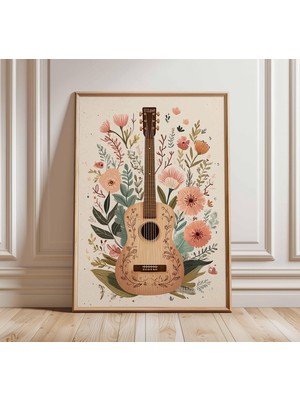 Ninastore Gitar Duvar Sanatı Posteri Çiçekli Müzik Baskısı Boho Ev Dekorasyonu Vintage Enstrüman Illüstrasyonu