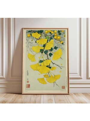 Ninastore Japon Ginkgo Yaprakları Posteri, Vintage Botanik Sanat Baskısı, Sarı Çiçekli Duvar Sanatı, Gelenekse