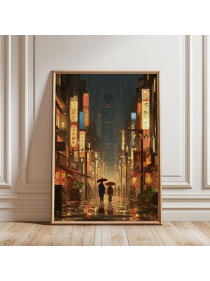 Ninastore Tokyo Yağmurlu Sokak Sanatı Posteri Japon Gece Şehri Sokak Manzarası Dekorasyonu
