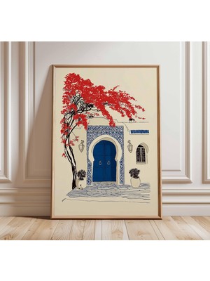 Ninastore Fas Mavisi Kapı Duvar Sanatı Baskısı Akdeniz Mimarisi Posteri Boho Seyahat Dekorasyonu Kırmızı Çiçek