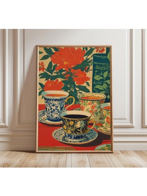 Ninastore Vintage Çay Fincanı Posteri Zarif Natürmort Sanat Baskısı Klasik Botanik Duvar Sanatı Geleneksel Ser