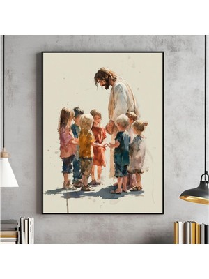 Ninastore Çocuklarla Isa Suluboya Baskı Hristiyan Çocuk Odası Sanatı (Dijital Indirme)