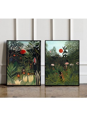 Ninastore 2'li Henri Rousseau Baskı Seti: Gün Batımıyla Bakir Orman Baskısı, Maymunlar ve Papağan Baskısı, Tro