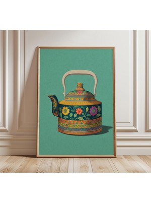 Ninastore Renkli Hint Çaydanlığı Duvar Sanatı, Halk Sanatı Posteri, Canlı Çiçekli Mutfak Dekorasyonu, Boho Ev