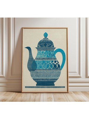 Ninastore Çaydanlık Duvar Sanatı Baskısı Modern Vintage Mutfak Posteri Mavi Risograf Tasarım Minimalist Fas Es