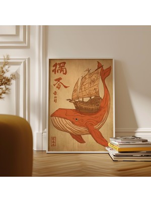 Ninastore Kırmızı Balina Baskılı Stilize Japon Fantastik Illüstrasyon Posteri