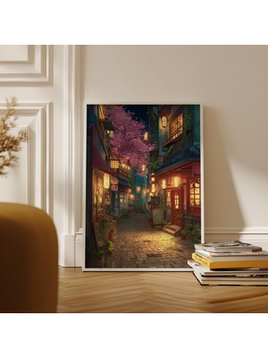 Ninastore Kyoto'da Japon Fener Yolu Gece Manzarası Posteri Kiraz Çiçeği Yolu Sanatı