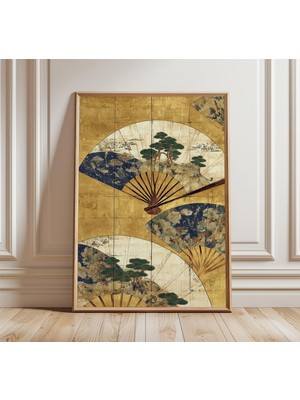 Ninastore Japon Katlanır Yelpaze Sanatı Altın Varak Baskılı Antik Oryantal Baskı Geleneksel Sanat Eseri Zarif